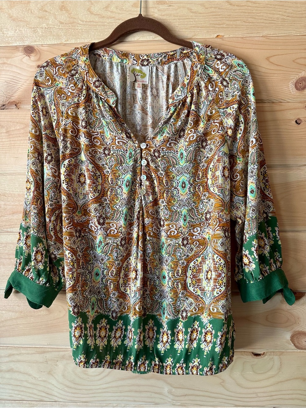 ⁠Fig & Flower Paisley Peasant Blouse Earth Tones Boho Rayon Top⁠ Bubble Hem S